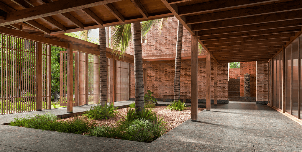 Aadi Villa — exterior render showing earth brick and timber construction