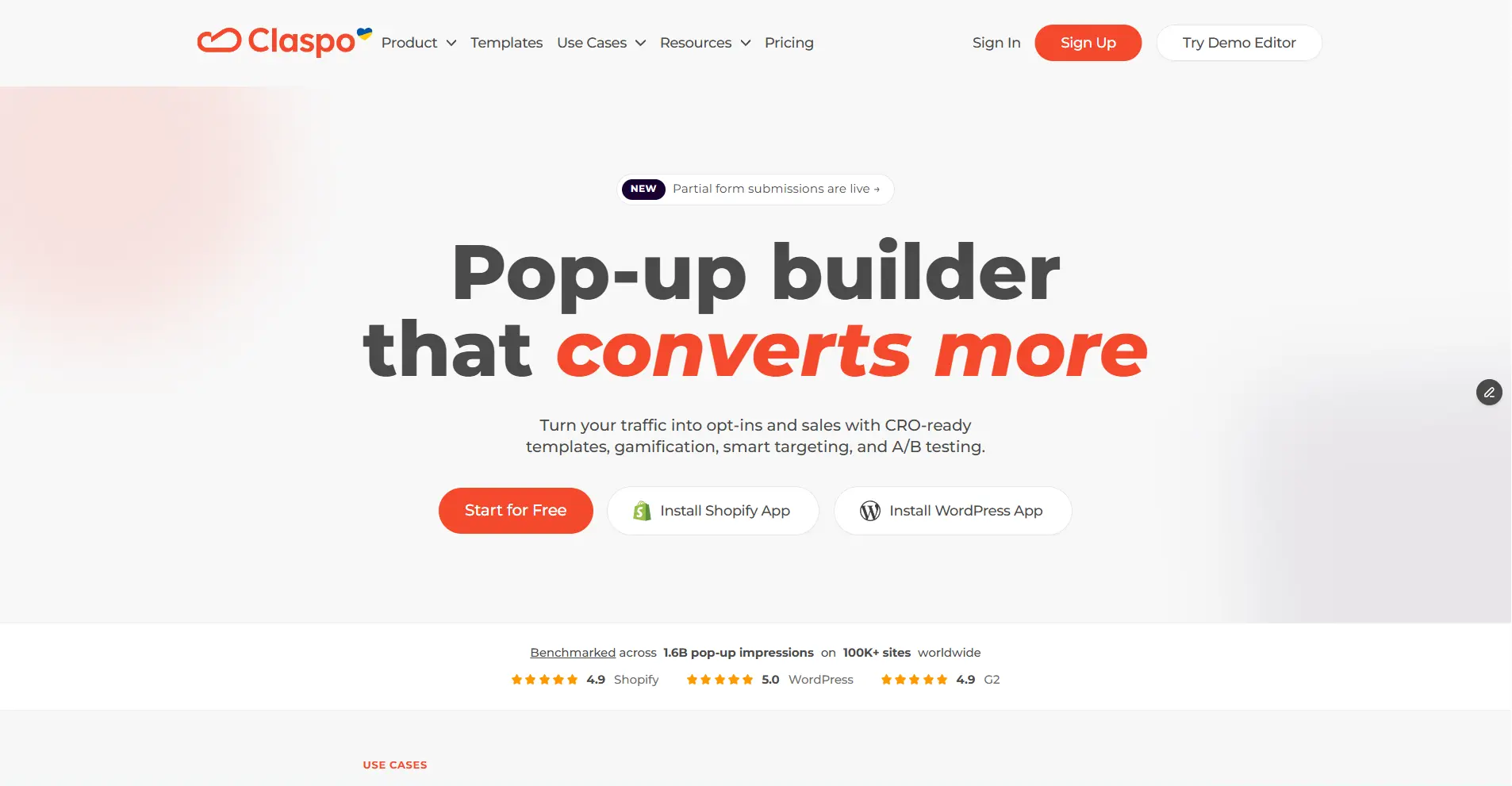 Claspo homepage hero section featuring the main headline “Pop-up builder that converts more”