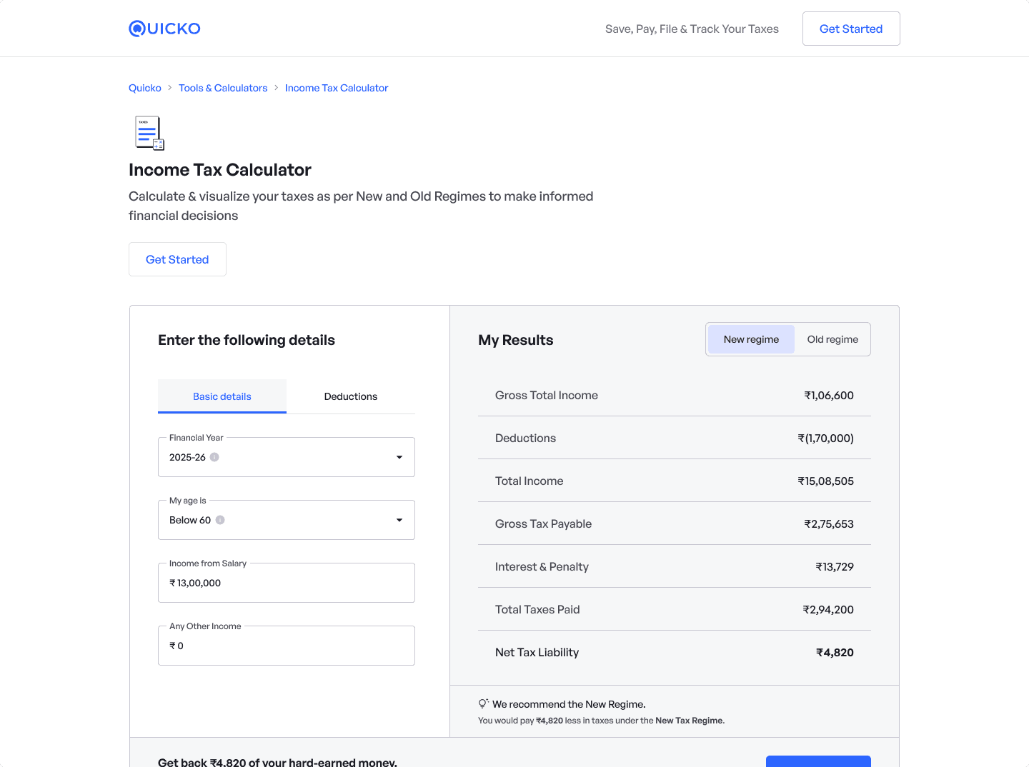 UI screen of Income Tax Calculator by Quicko