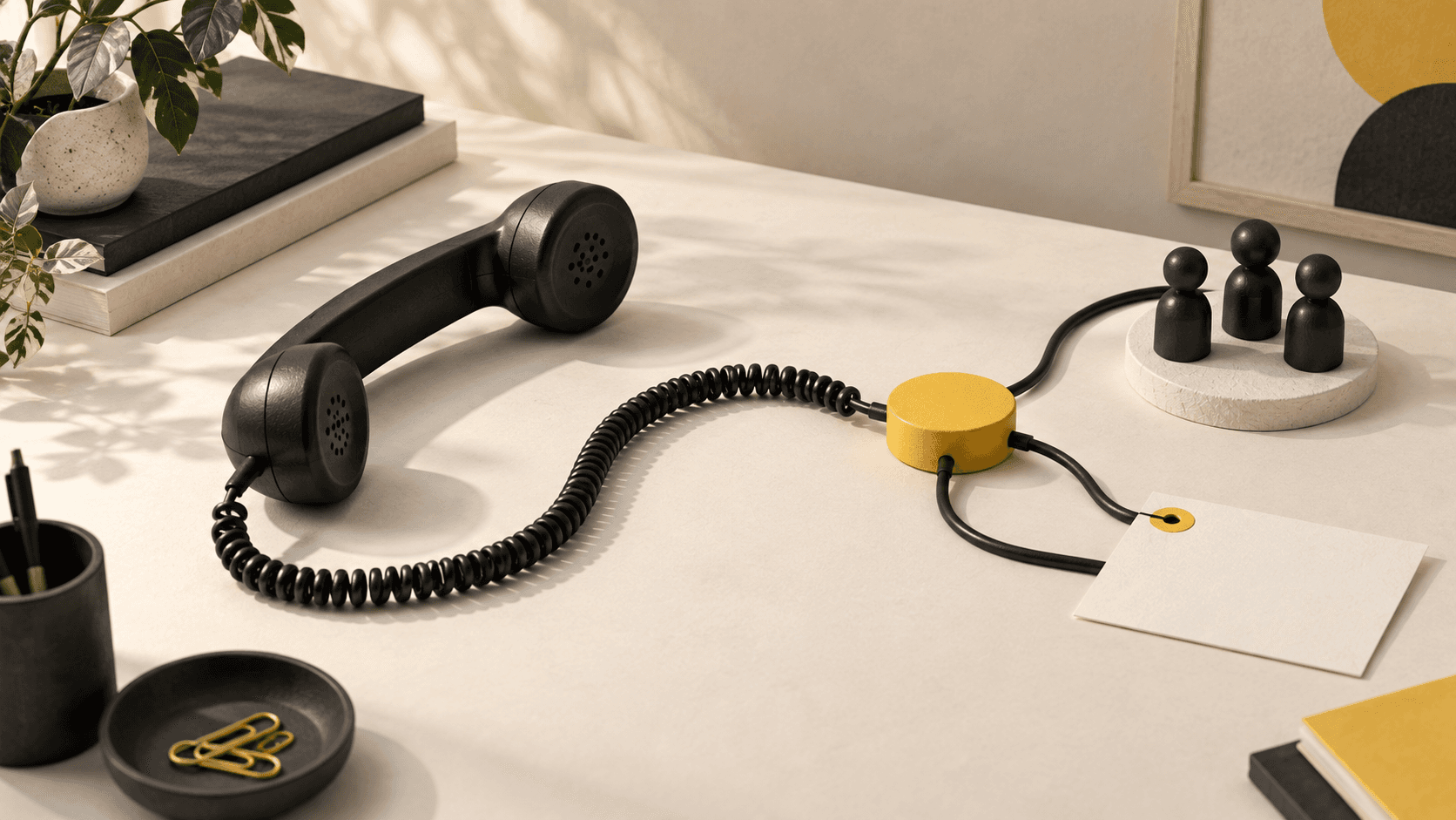 Editorial illustration of a telephone connected through a yellow junction to a callback note and people markers.