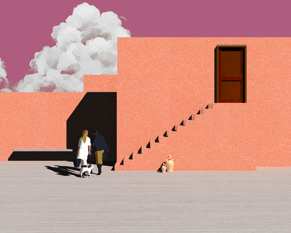 A couple walking down a sidewalk with a dog, enjoying a leisurely stroll together.