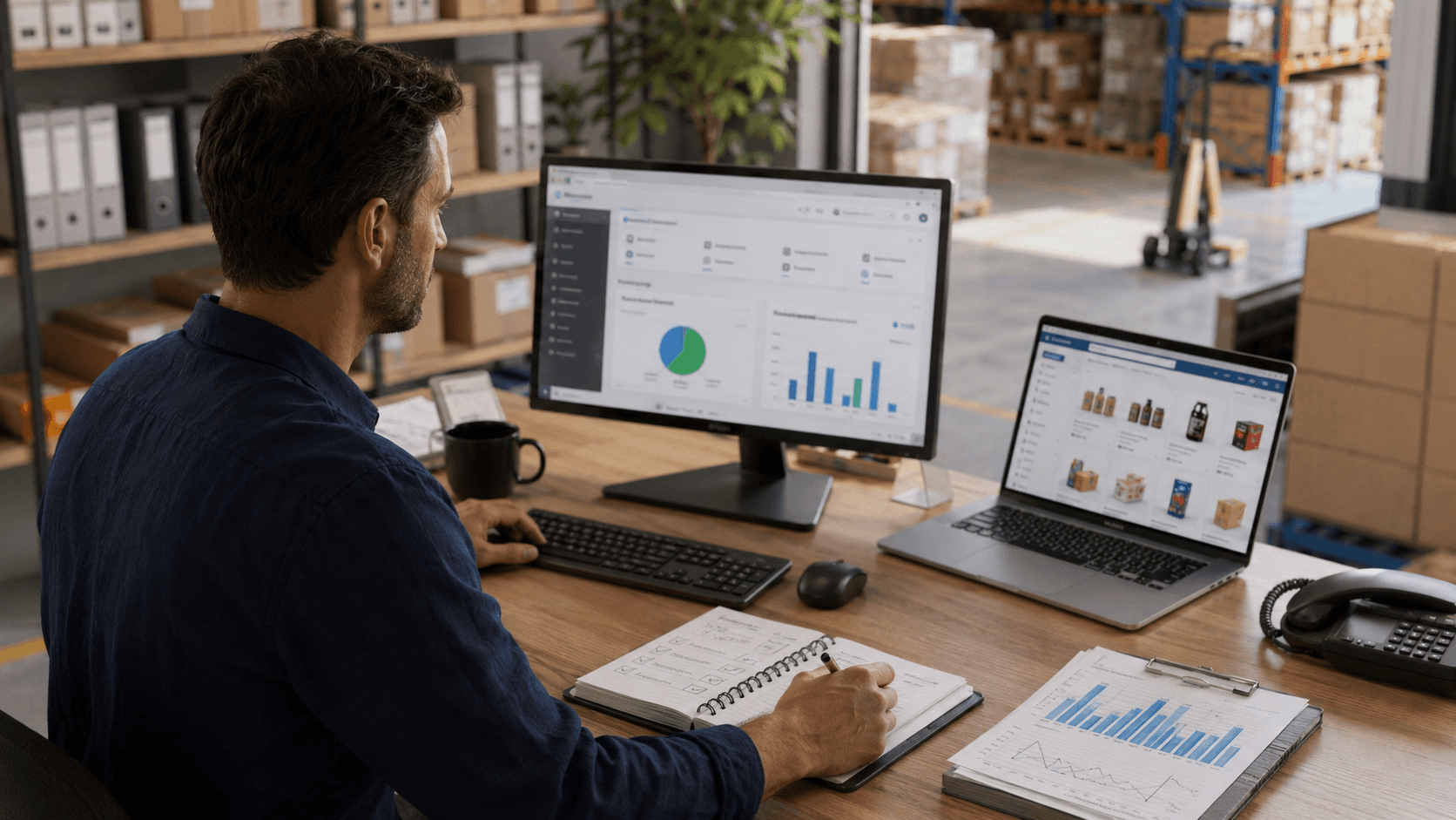 Homem trabalhando em um escritório integrado ao estoque de uma distribuidora, utilizando computador com dashboards e portal de pedidos abertos na tela, enquanto faz anotações em um caderno. O ambiente mostra caixas, prateleiras e operação logística ao fundo, transmitindo a ideia de digitalização e organização de processos comerciais em uma empresa que está migrando do offline para o online.