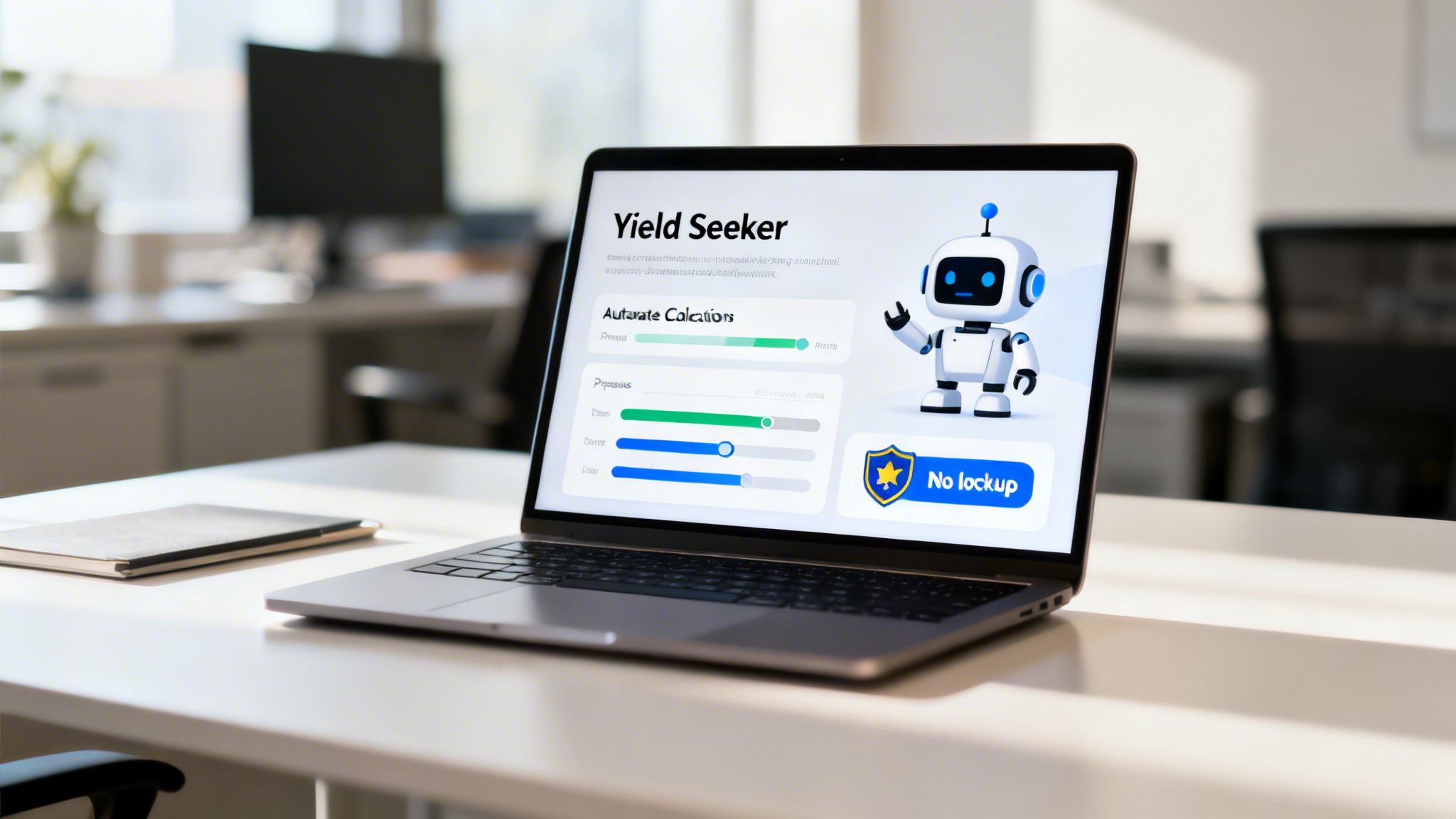 A laptop displaying the 'Yield Seeker' application with a friendly robot character and sliders on a clean office desk.