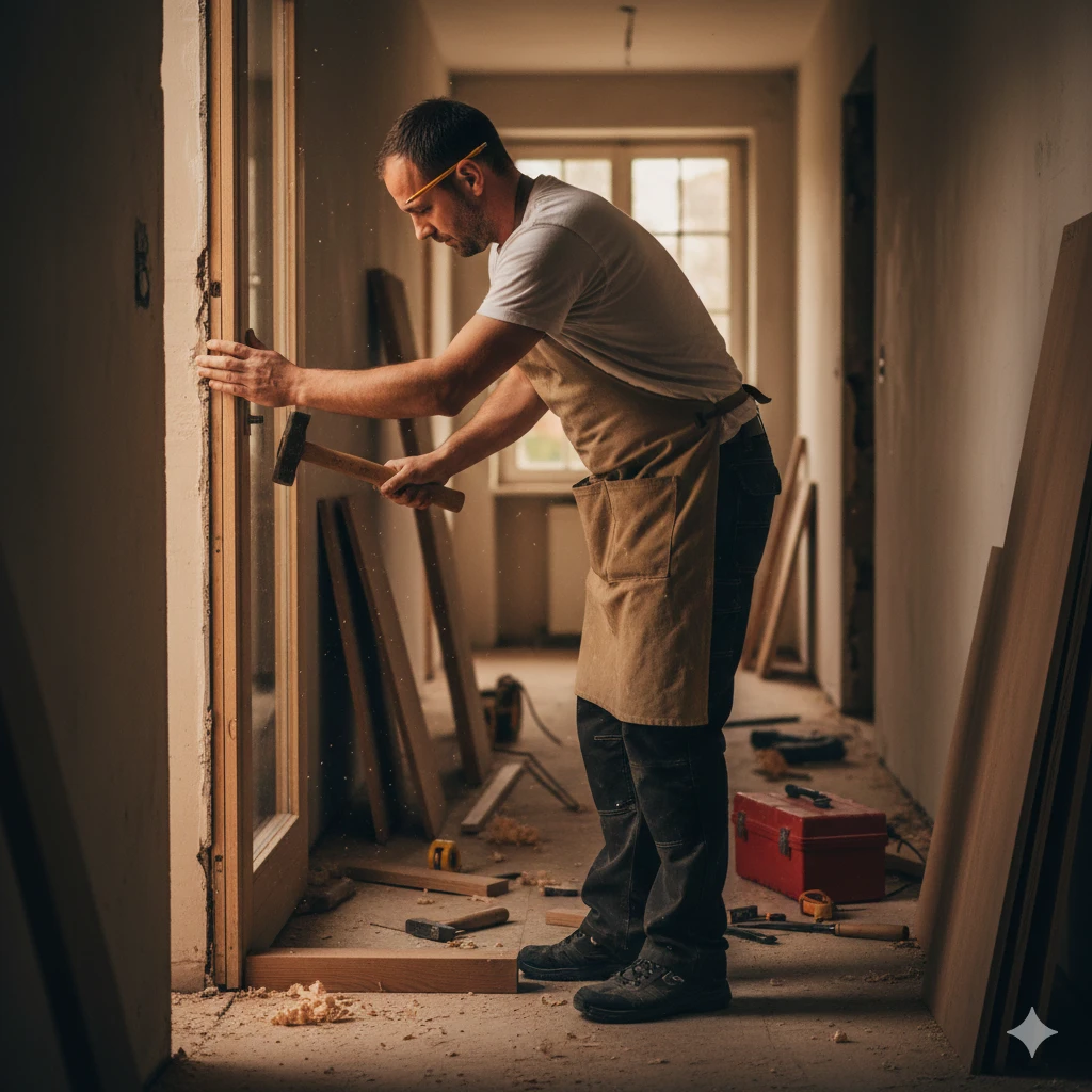 Menuisier posant un cadre de porte en bois sur un chantier de rénovation