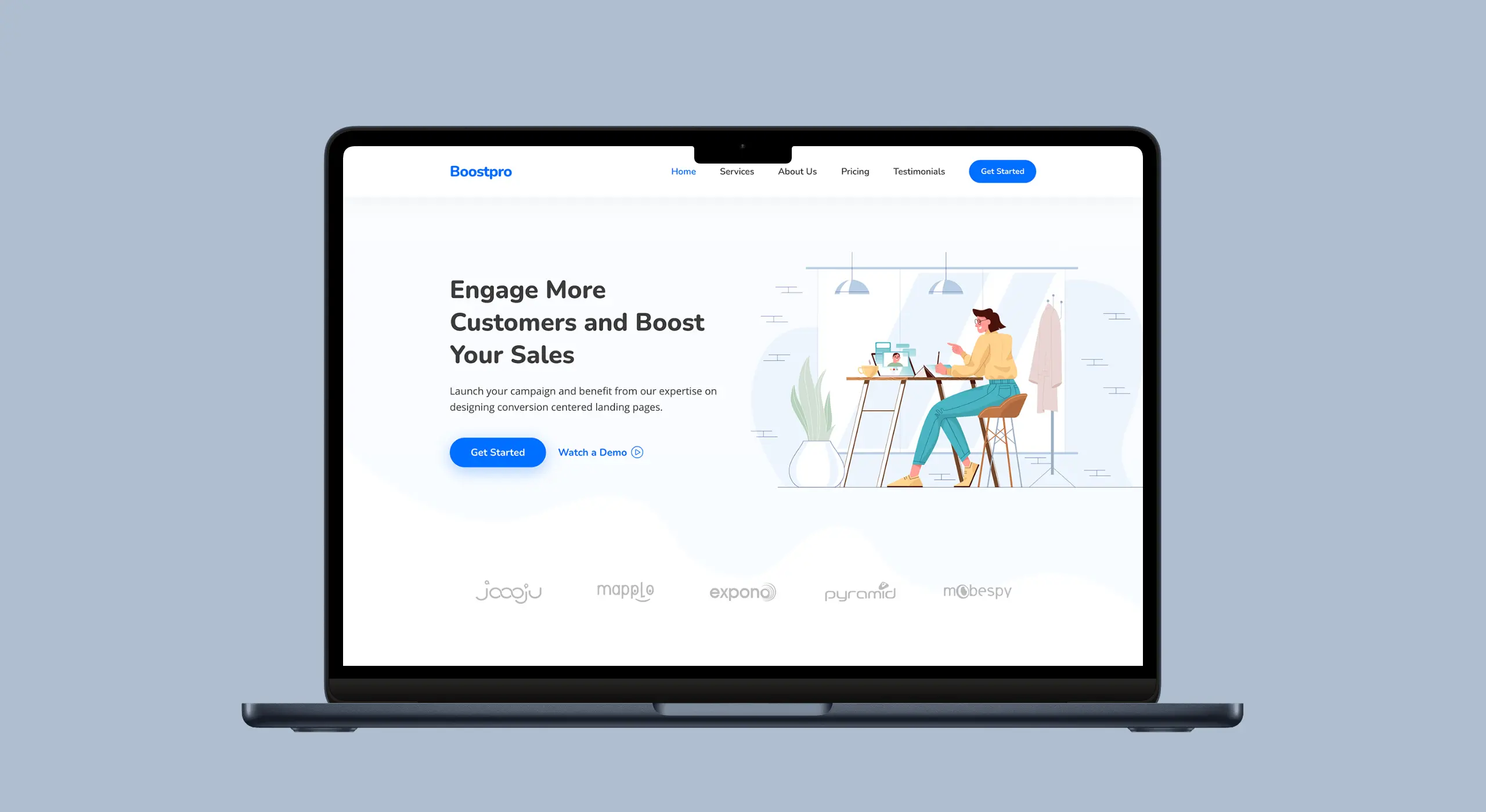 A mockup of a Macbook with the header of the website