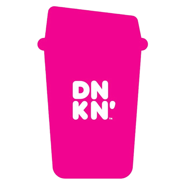 A modern pink coffee cup logo with the text ‘DNKN’ in bold white letters, representing Dunkin’s vibrant and playful approach to coffee branding.