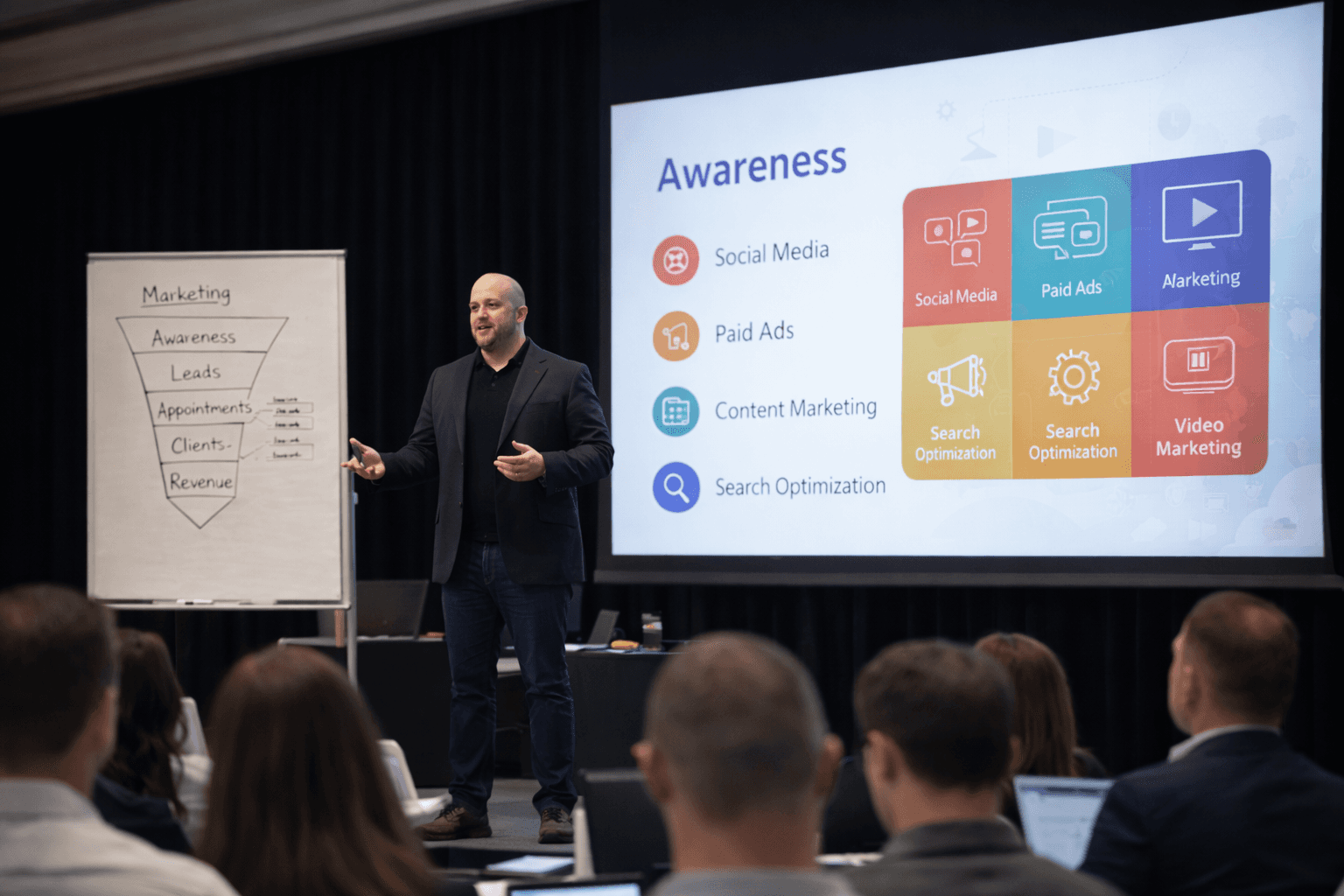 reFOCUS Marketing founder Andrew Scherer presenting the Awareness pillar of the 3A Growth Operating System to a live audience, with a marketing funnel and channel breakdown shown on the presentation screen behind him.
