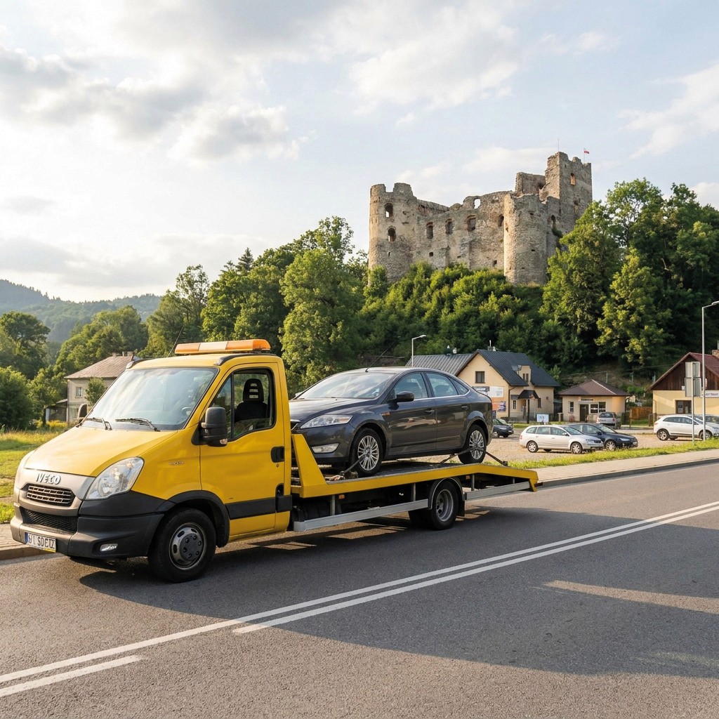 droga do Muszyny wzdłuż rzeki Poprad z widokiem na ruiny zamku