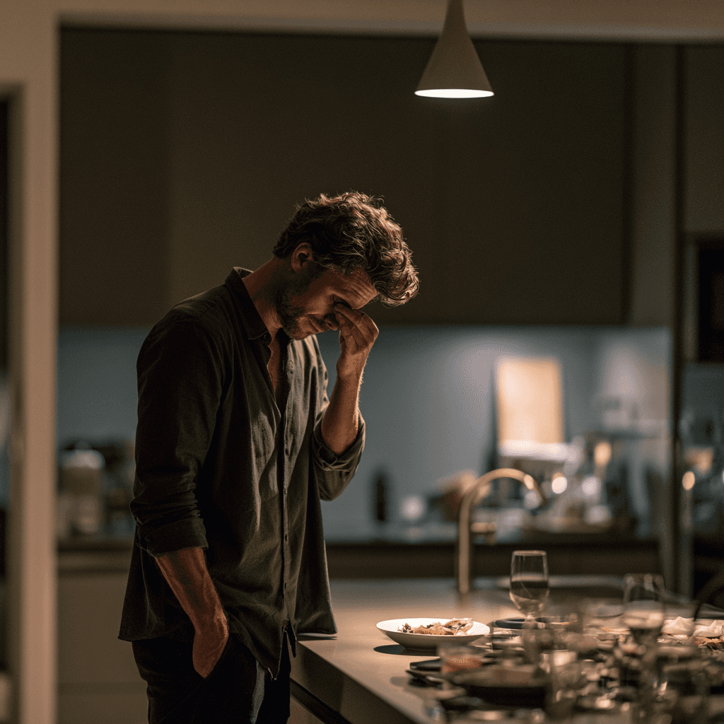 Tired man standing in a kitchen late in the evening with an untouched plate