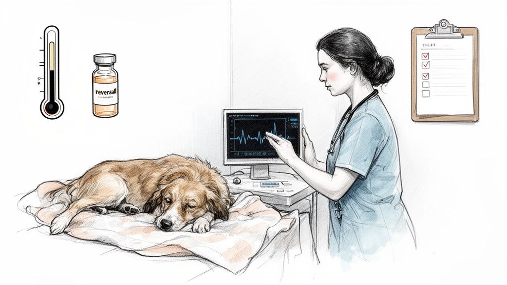 A veterinarian monitors a sedated dog's vital signs on a screen, with a thermometer and 'reversal' medication nearby.