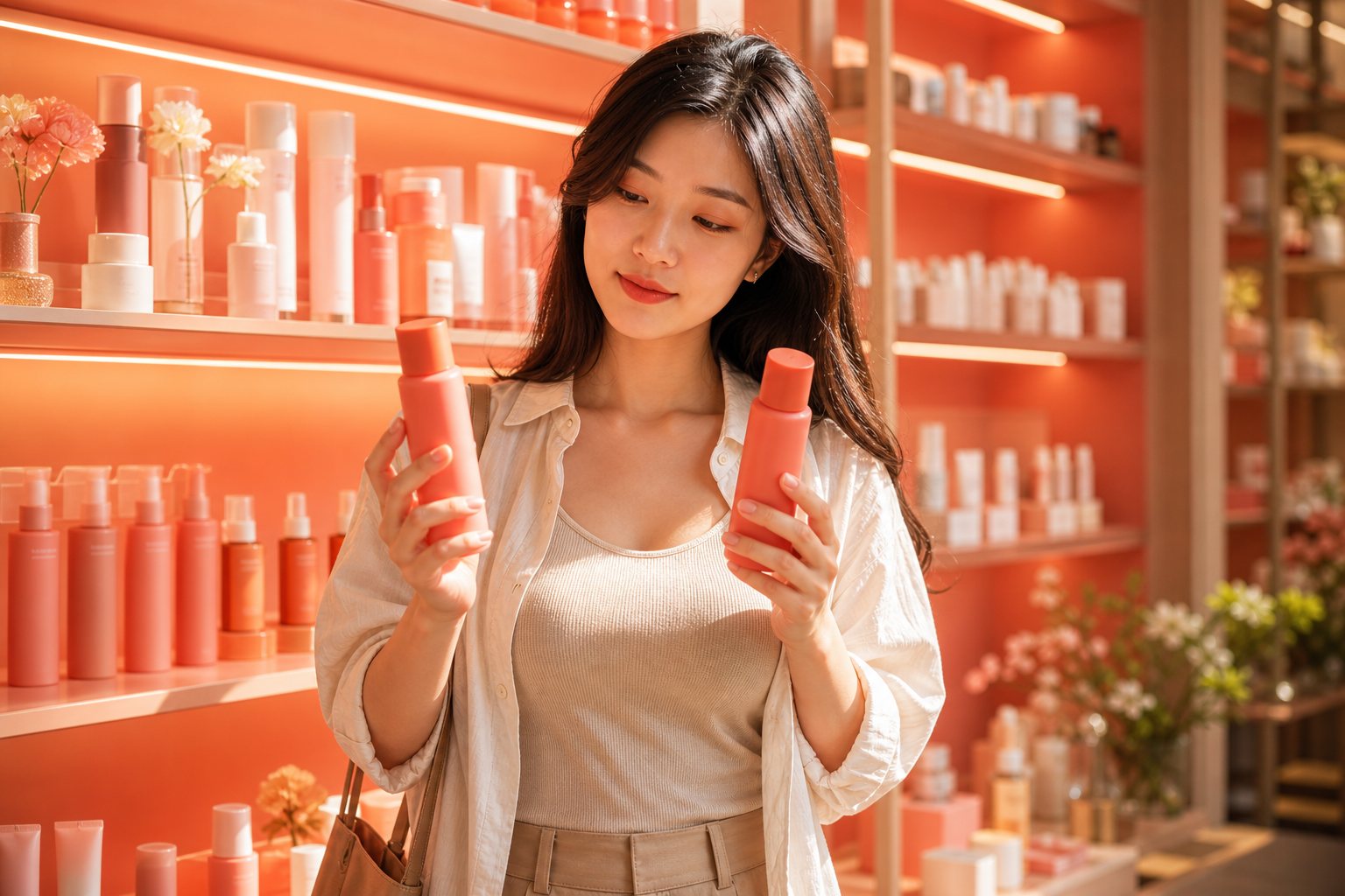 A woman in a beauty store comparing two similar coral bottles, one in each hand