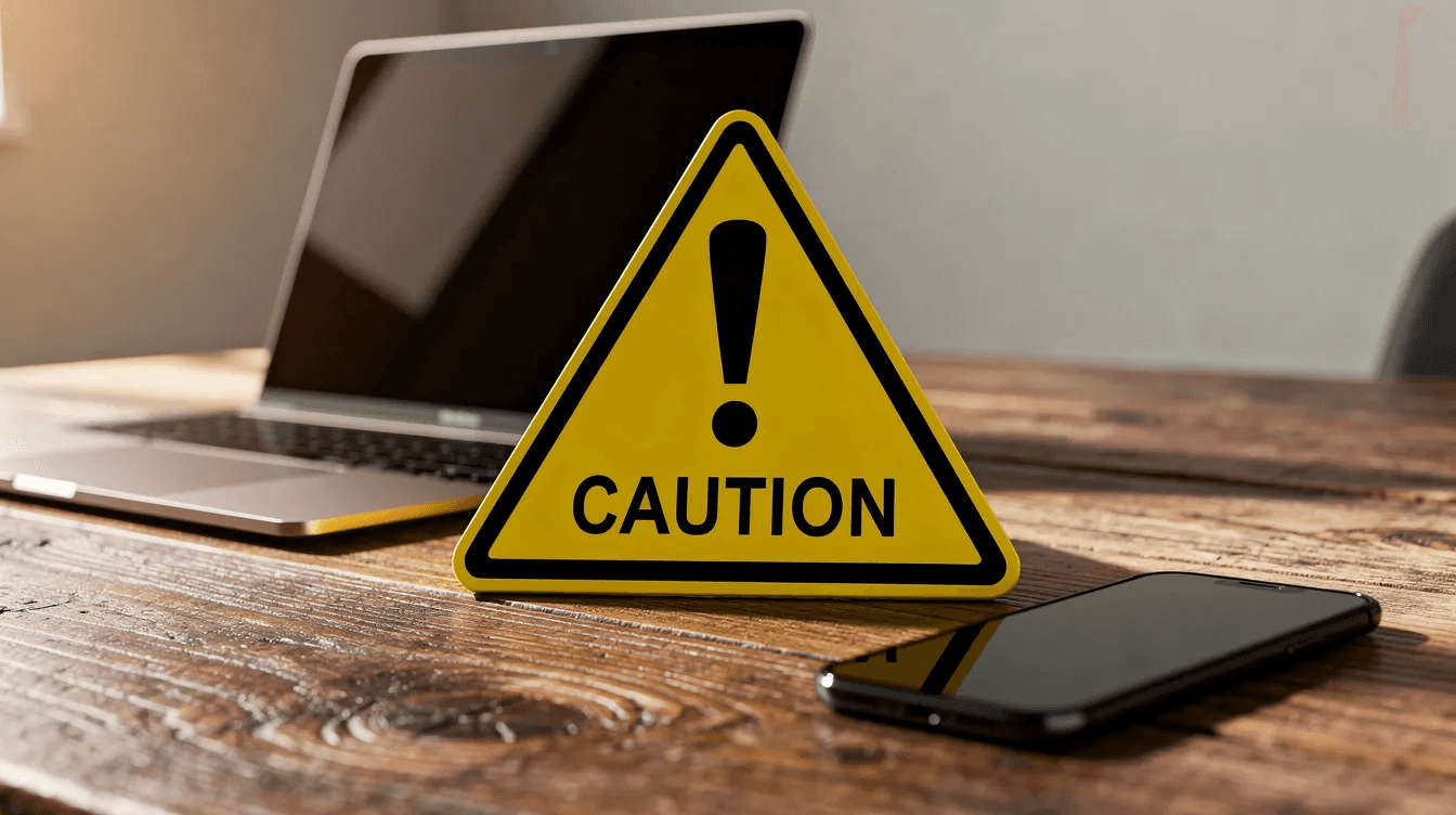 The image shows a caution sign placed on a wooden desk beside a laptop and a smartphone, highlighting the importance of being aware of potential concerns when evaluating charities for maximum impact. This setting suggests a focus on transparency and strategic donations to support organizations' missions effectively.