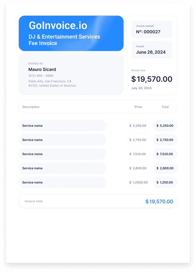 DJ & Entertainment Services Fee Invoice