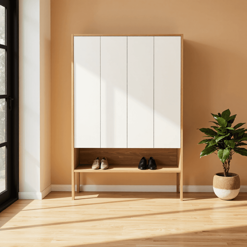 product photography of a shoe cabinet with a modern design, used for storing shoes