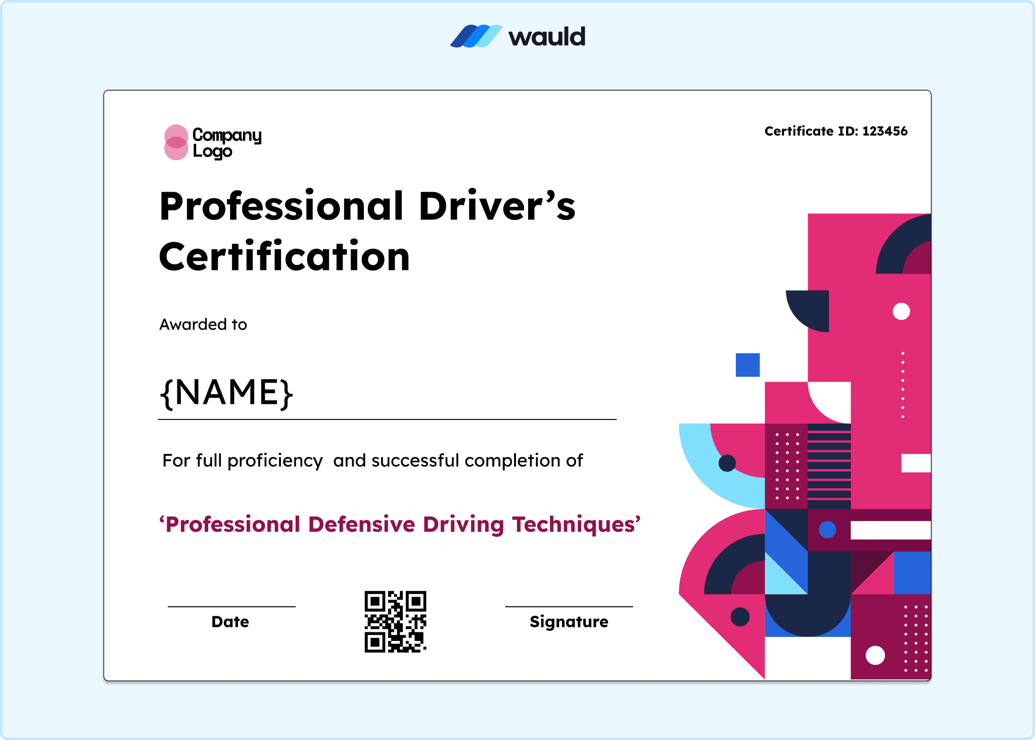 Professional driver's certification template with bold illustrated geometric shapes, vibrant color palette, recipient name field, certificate ID, expiry date, and QR code