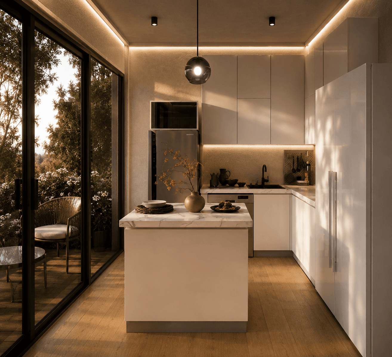 Luxury garden suite kitchen with minimalist white cabinetry, marble island, warm ambient lighting, and floor-to-ceiling glass designed by UR-SPACE in Calgary.