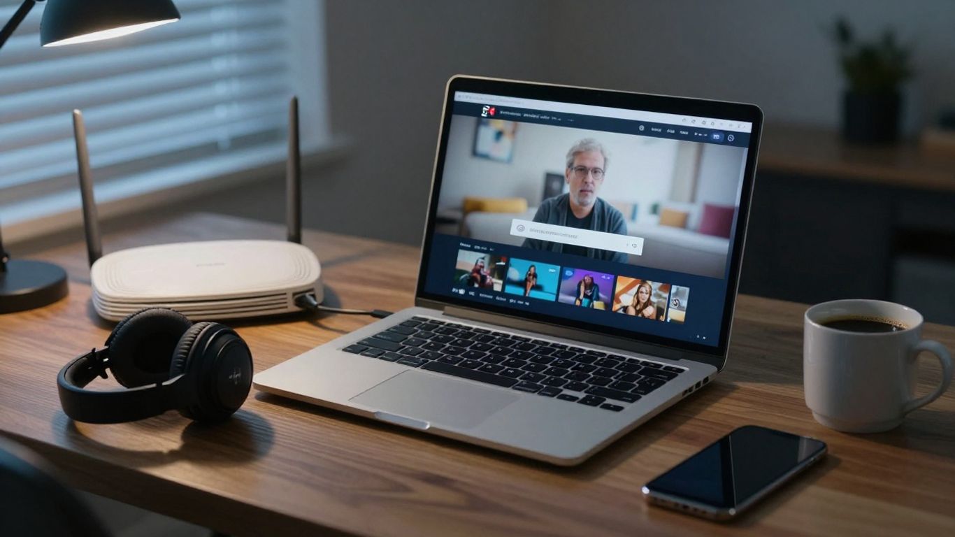 Laptop streaming video beside a wireless router
