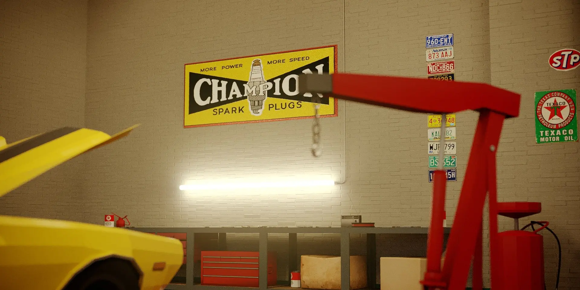 Werkstatt · Champion-Schild und Motorkran – freie 3D-Arbeit von Vale Florea, 2018