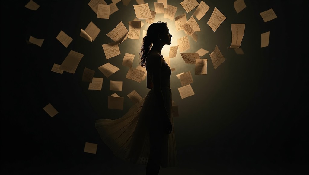 Silhouette femminile con fogli che fluttuano nello spazio, metafora di idee in movimento