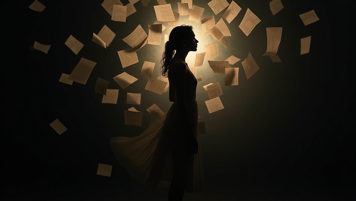 Silhouette femminile stilizzata con fogli in movimento, metafora di idee e creatività – immagine principale della home di Luce Semantica