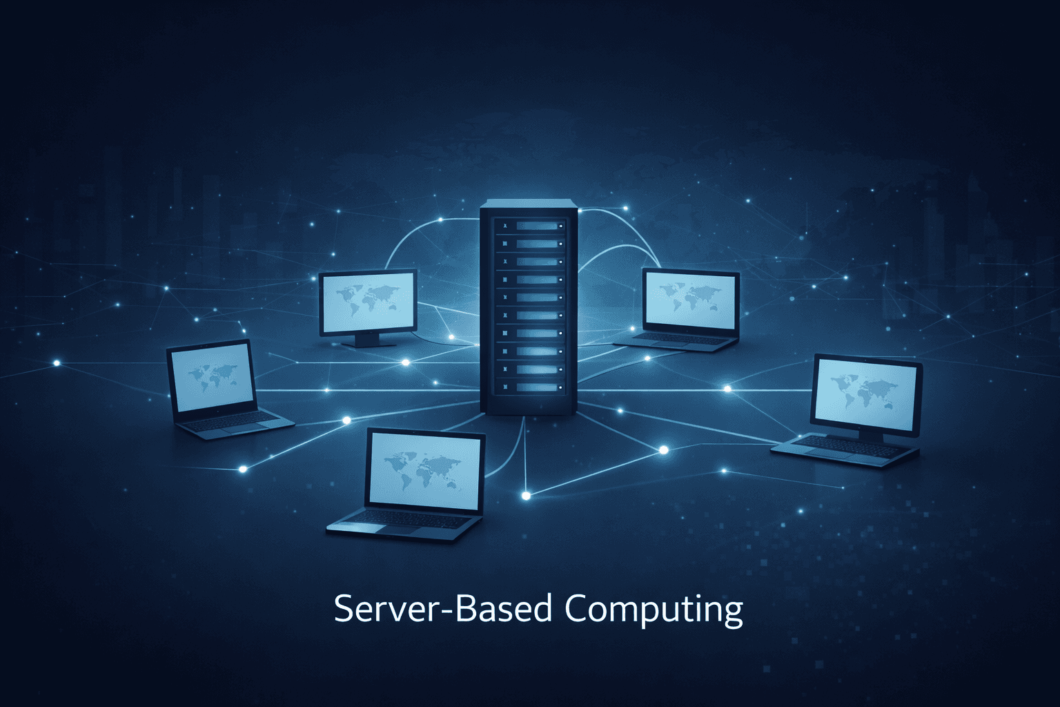server-based computing showing multiple devices connected to a central server through a secure network