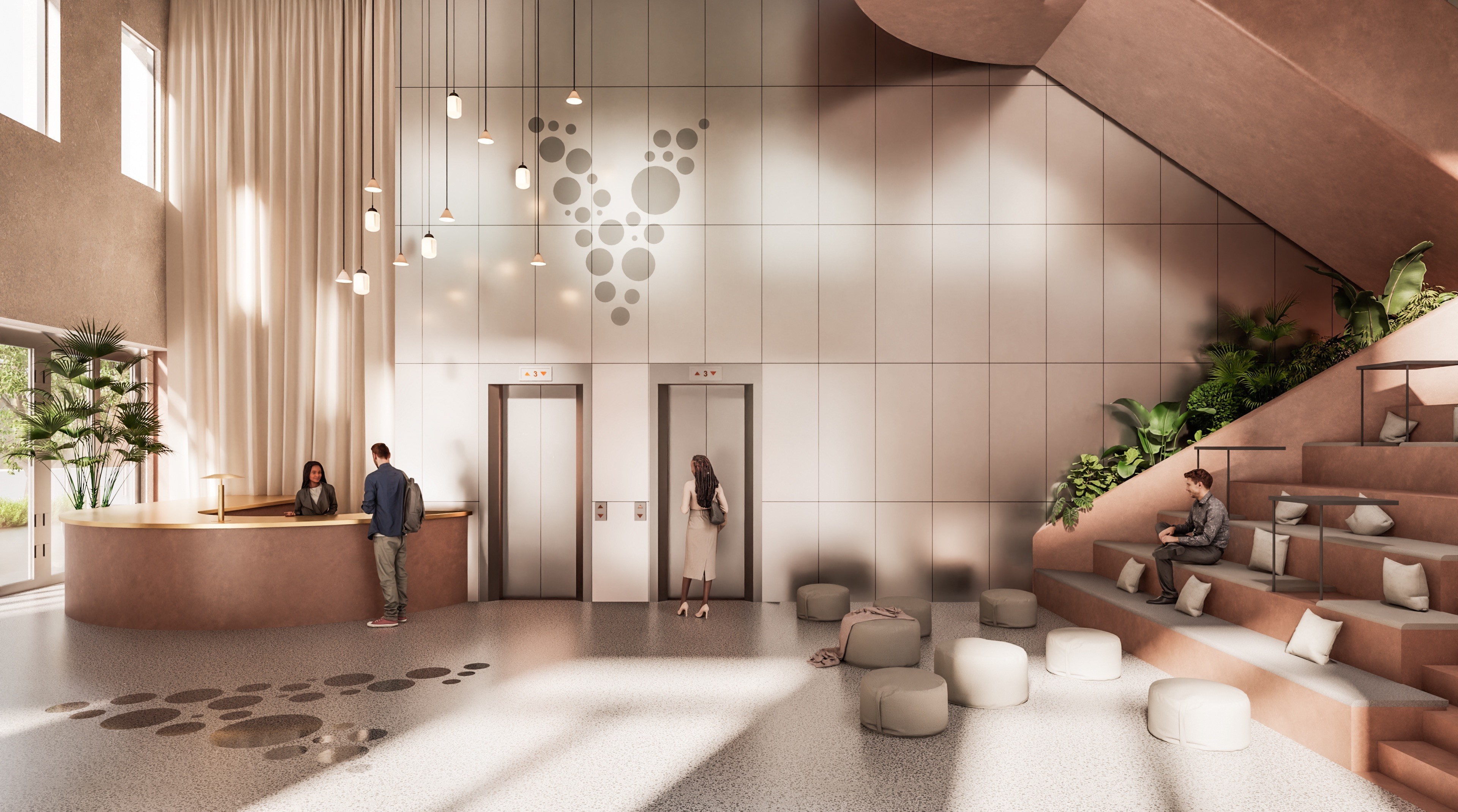 Child walking on a wooden beam with a large tree and swing nearby in a courtyard of modern wooden houses, while another person adjusts a bicycle.