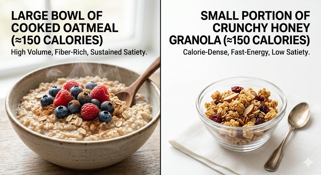 A split-screen comparison of a large bowl of steaming oatmeal (150 calories) versus a small bowl of granola (150 calories), highlighting the volume and satiety difference. This realistic food photography emphasizes how oatmeal offers a high-volume, fiber-rich, and filling breakfast compared to calorie-dense granola.