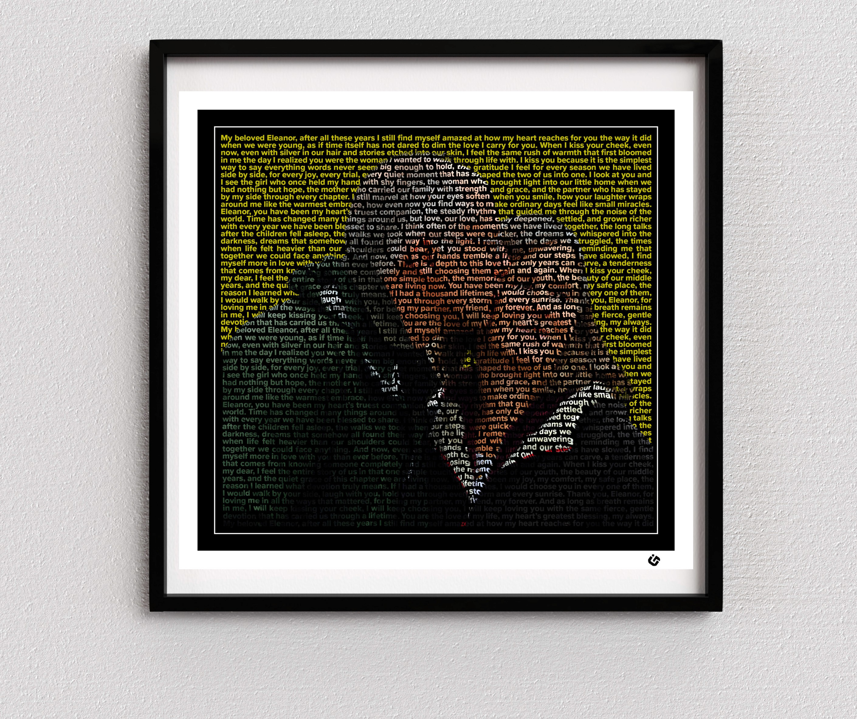 Custom text portrait of an elderly couple embracing closely, created entirely from meaningful words that form their faces and silhouettes, framed with a thin white line, black border, and white mat.