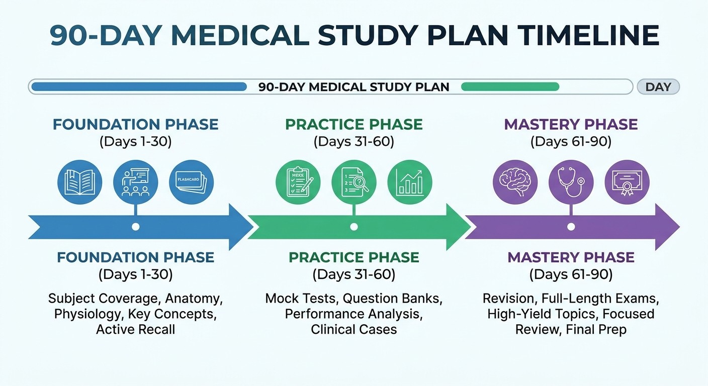 90-day UPSC CMS study timeline showing Foundation, Practice, and Mastery phases