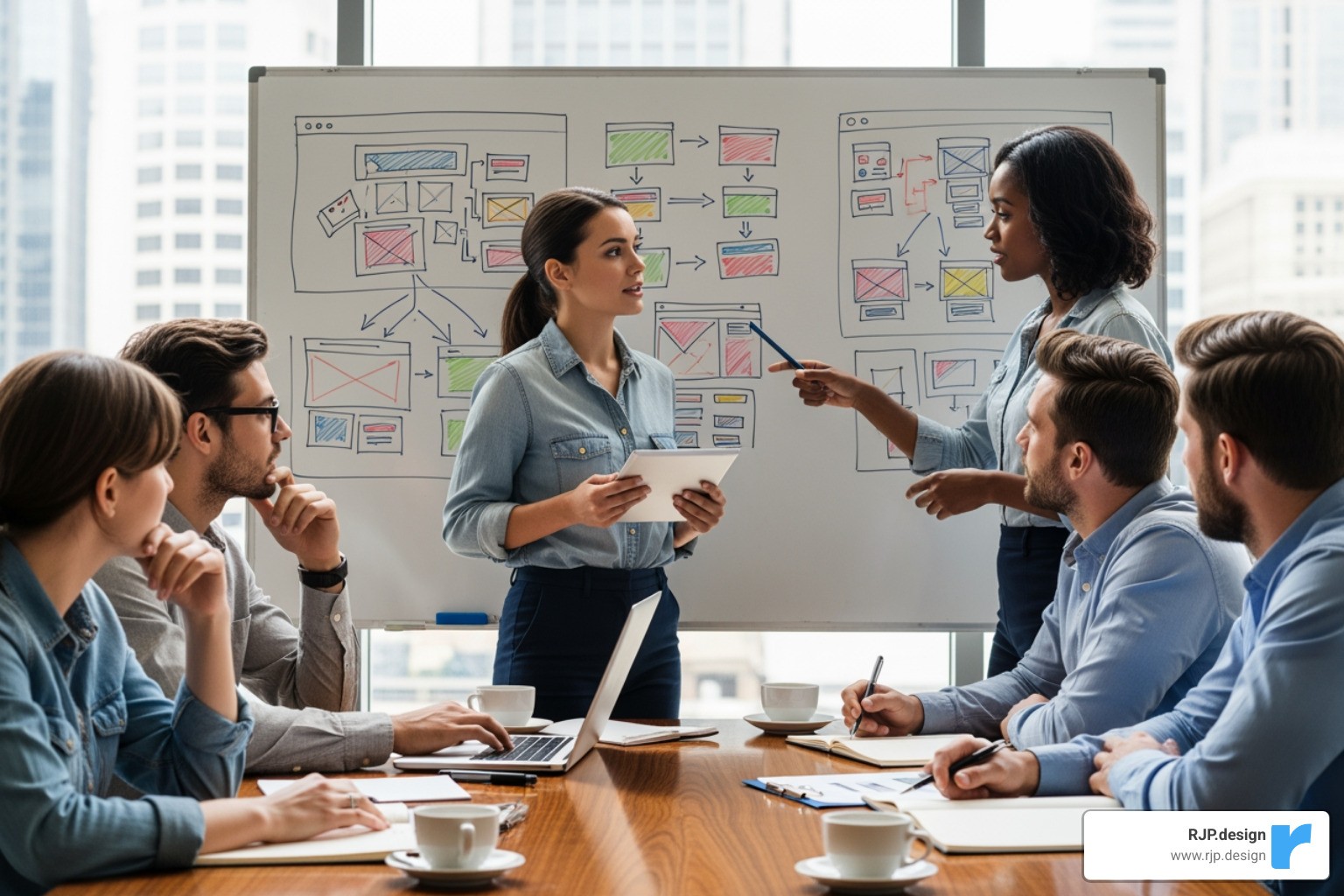 A collaborative team meeting with designers, developers, and clients discussing web design concepts on a whiteboard - denver web design