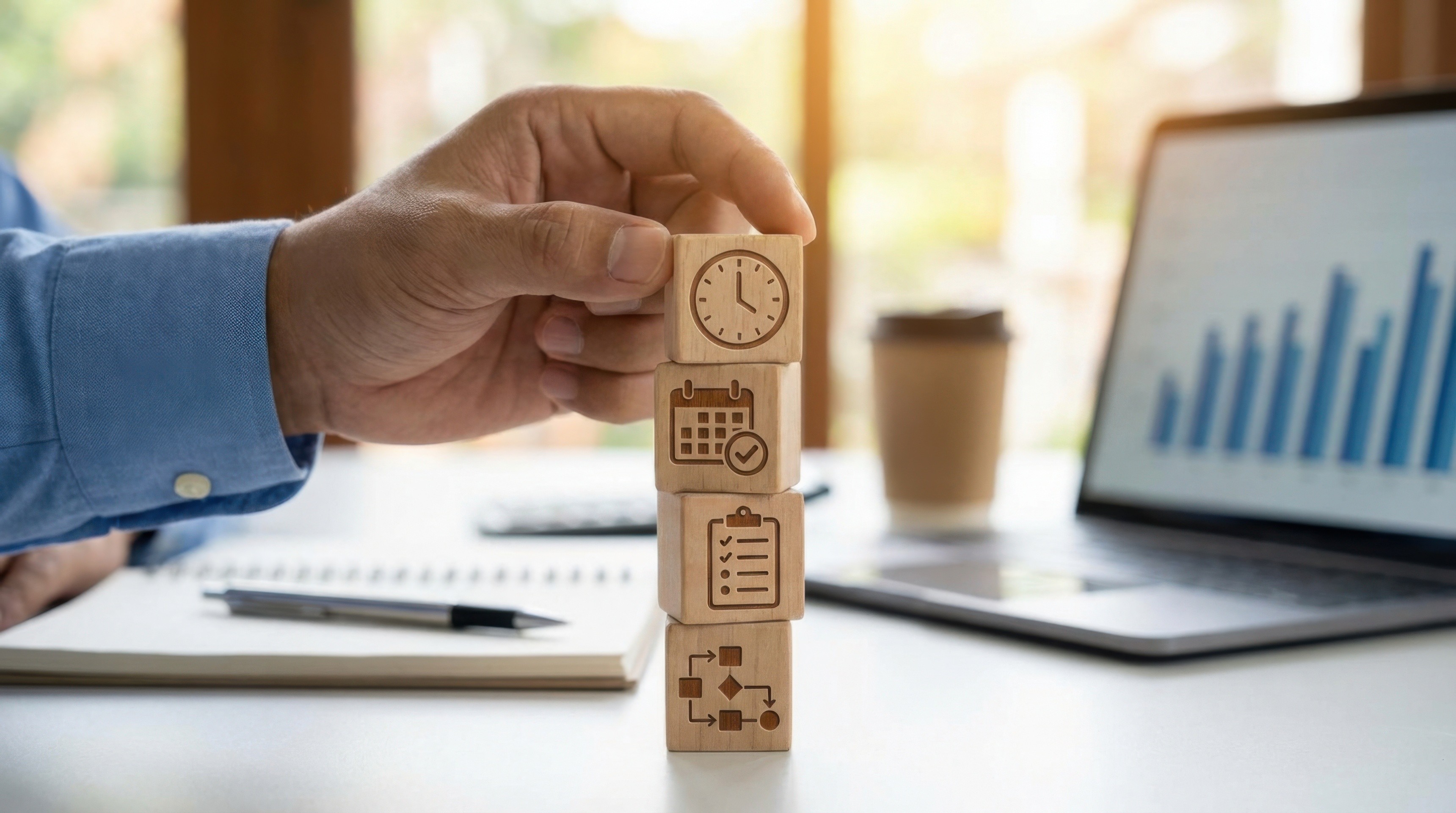 Clock and wooden blocks symbolizing time management