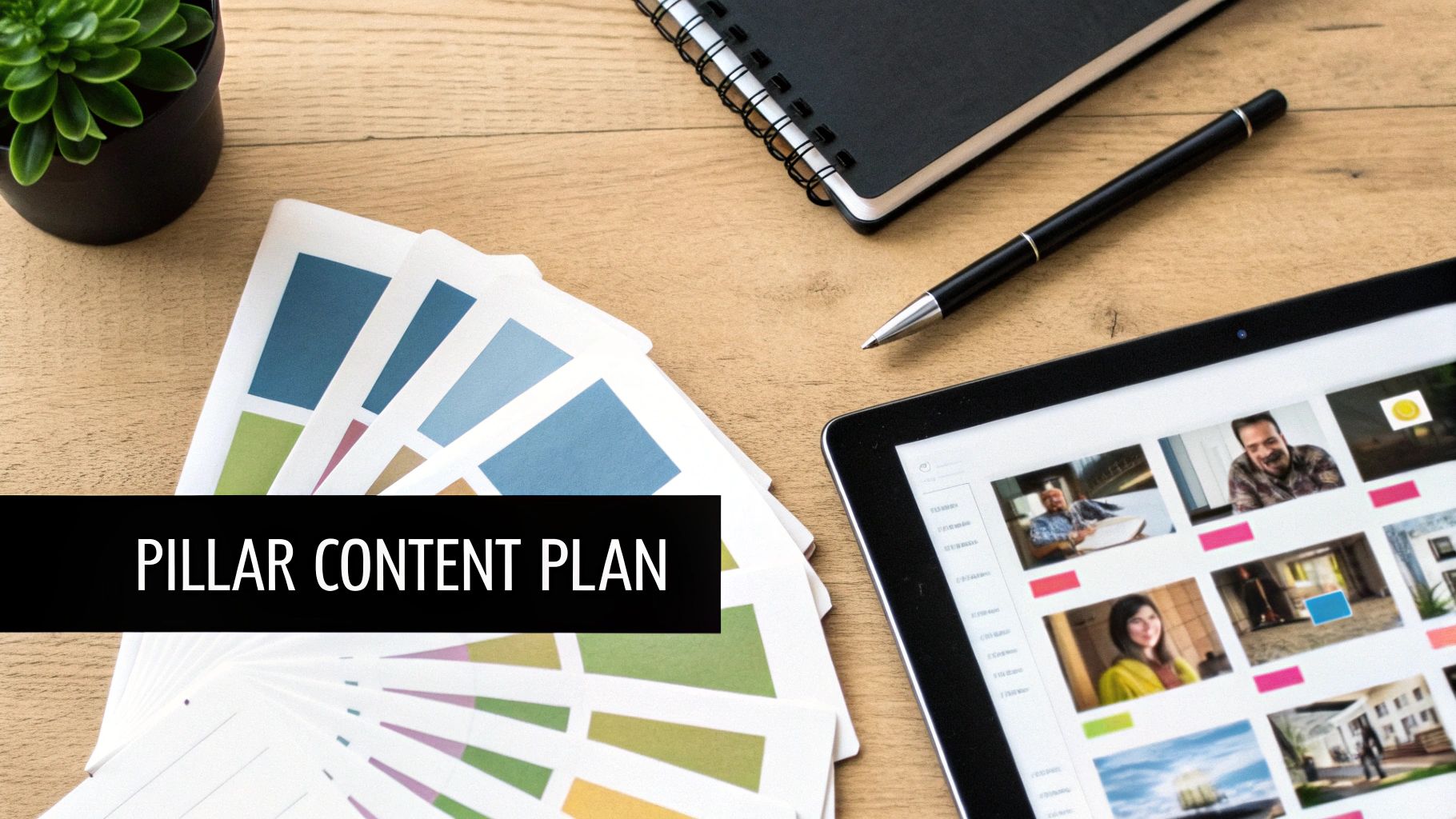 Flat lay of a desk with color swatches, a tablet displaying images, and a 'PILLAR CONTENT PLAN' banner.