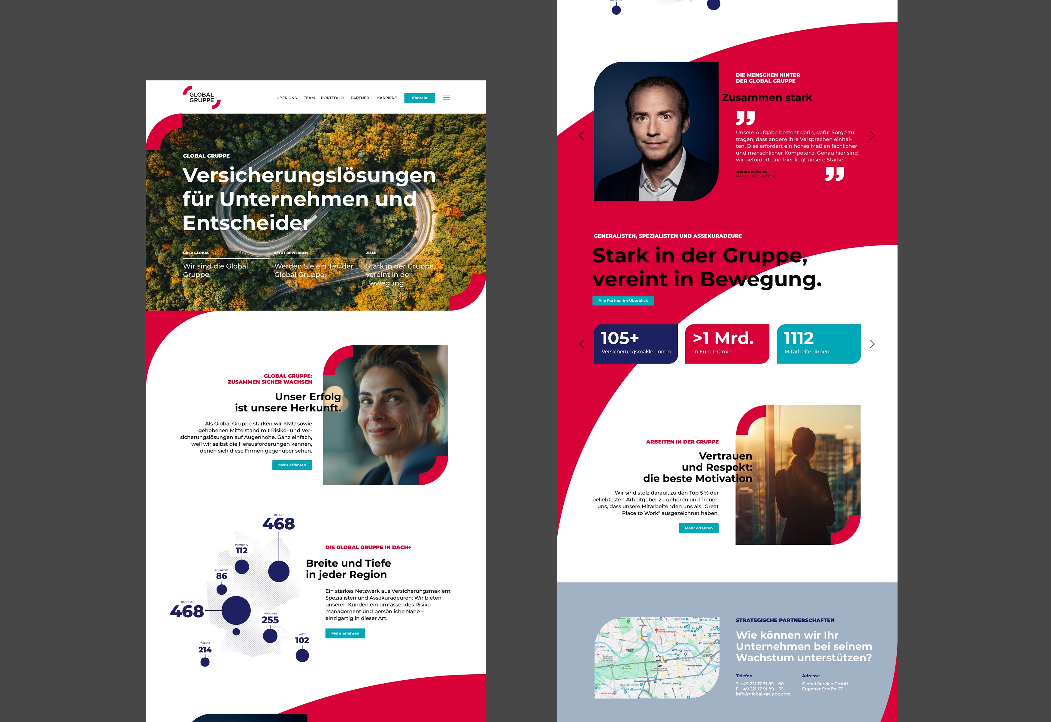 Digitale Anwendung des Corporate Designs – Website-Layout und UI-Design der Global Gruppe.