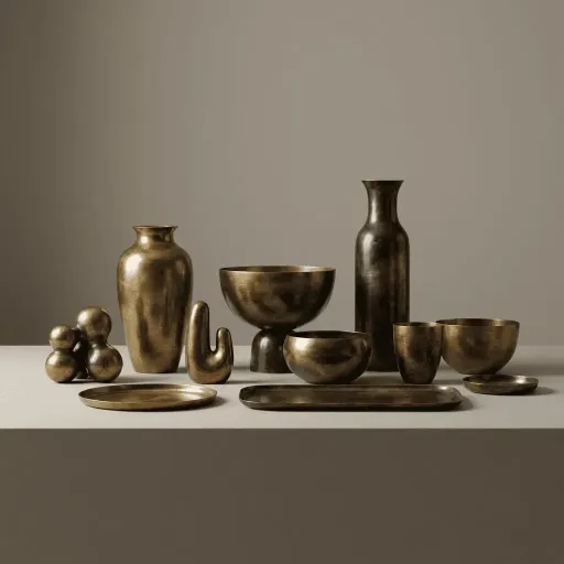 Three golden geometric shapes: a sphere, a tall rectangle, and a cube, arranged on a stone platform.