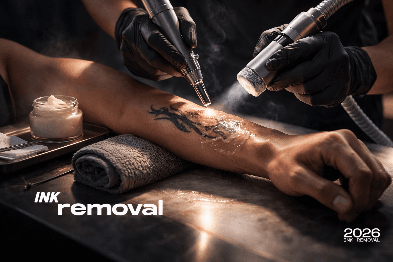 tattoo removal session showing laser treatment with cooling device for pain control
