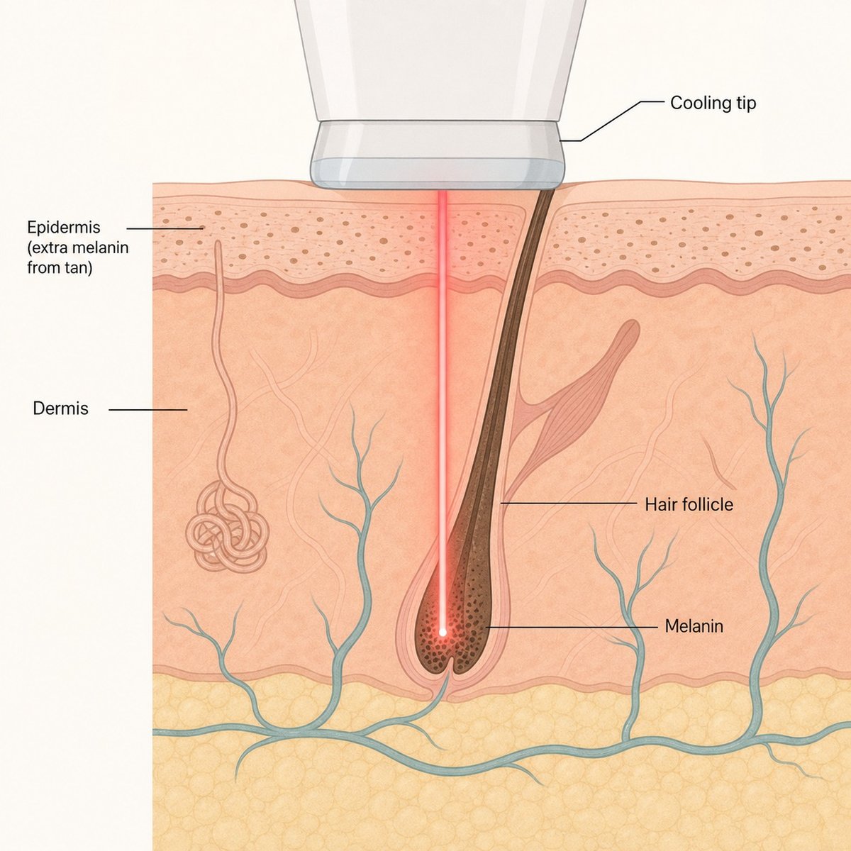 Cross-section showing how melanin in tanned epidermis competes with the hair follicle for laser energy