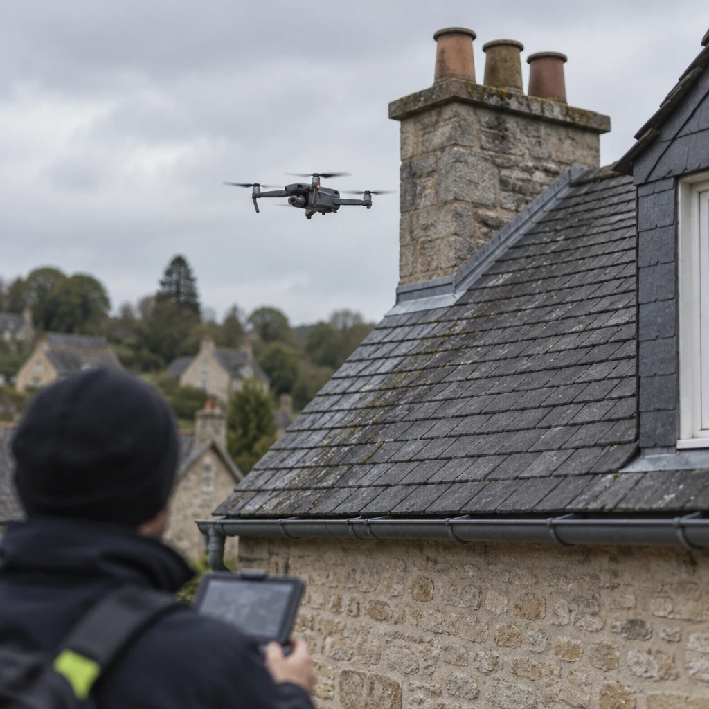 Drone d’inspection près d’une cheminée et d’une toiture en ardoise, avec son pilote