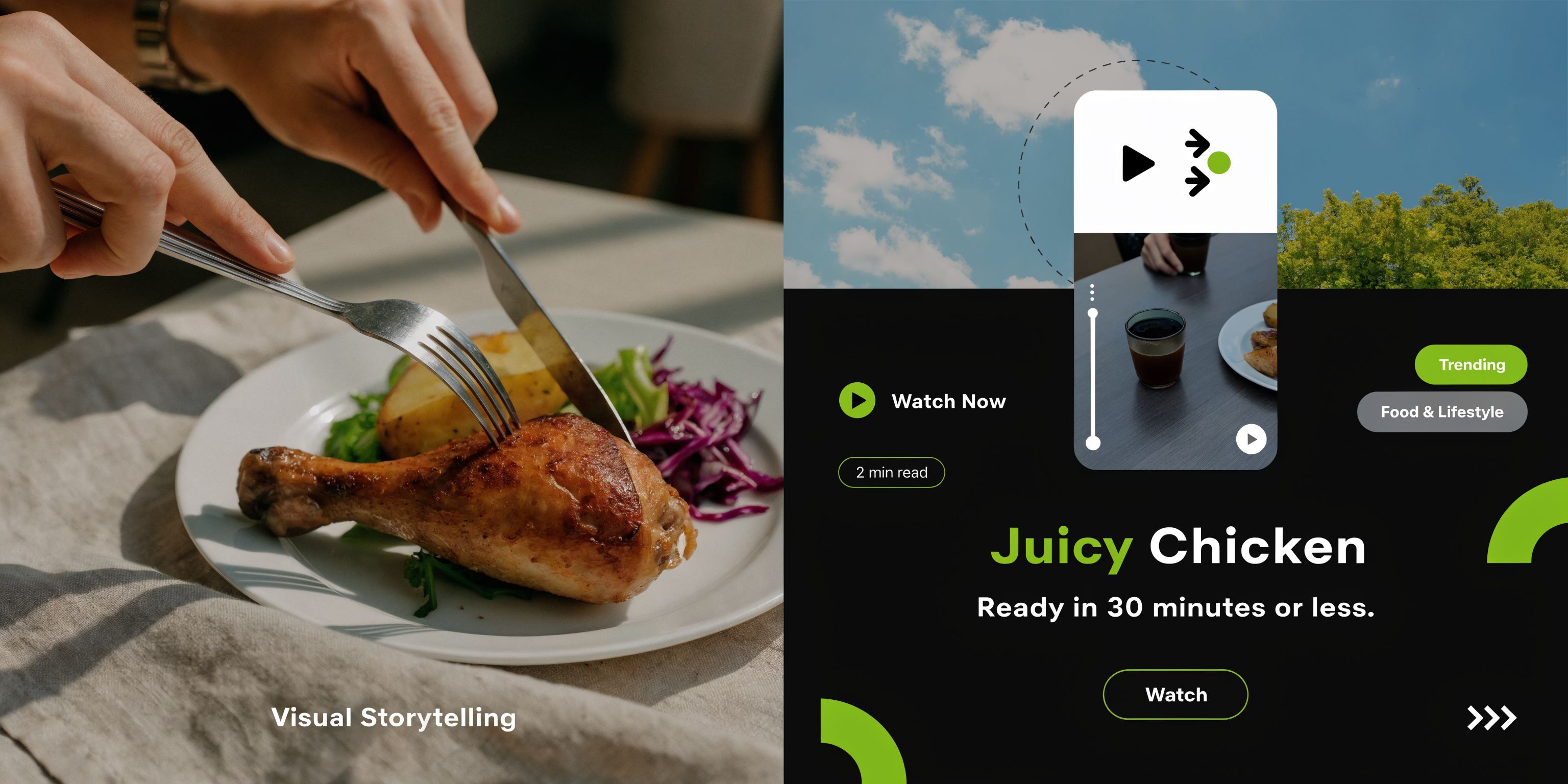 A delicious roasted chicken leg on a plate being sliced with a knife and fork at a table.