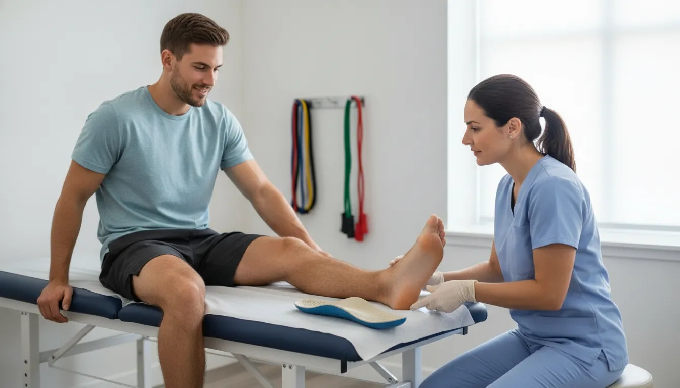 Podiatric physician examining an athlete's ankle after a high ankle sprain