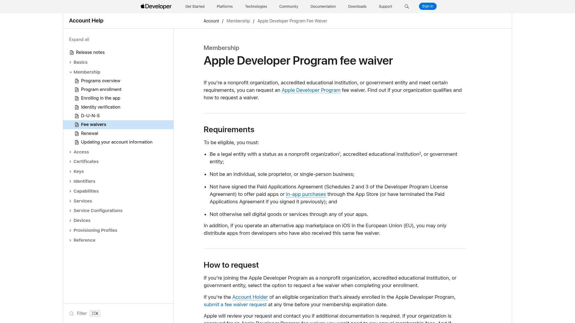 Apple Developer Program fee waiver page listing nonprofit and educational eligibility