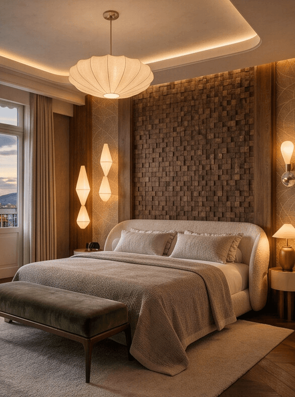 Chambre d'hôtel avec vue sur le lac Léman au coucher du soleil, design intérieur bois et velours vert par Studio COQUI