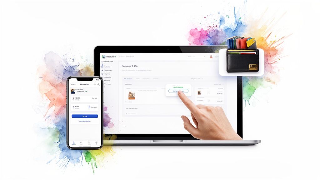 Digital payment ecosystem with laptop, smartphone, and wallet, showcasing financial management and online transactions.