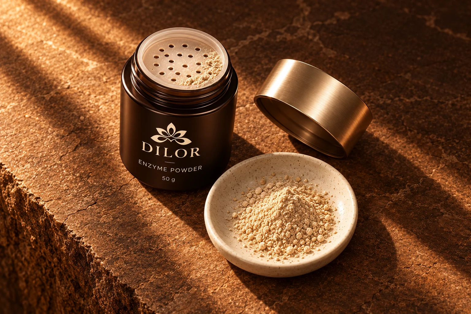 Dilor enzyme powder in a sifter jar beside fine dry powder