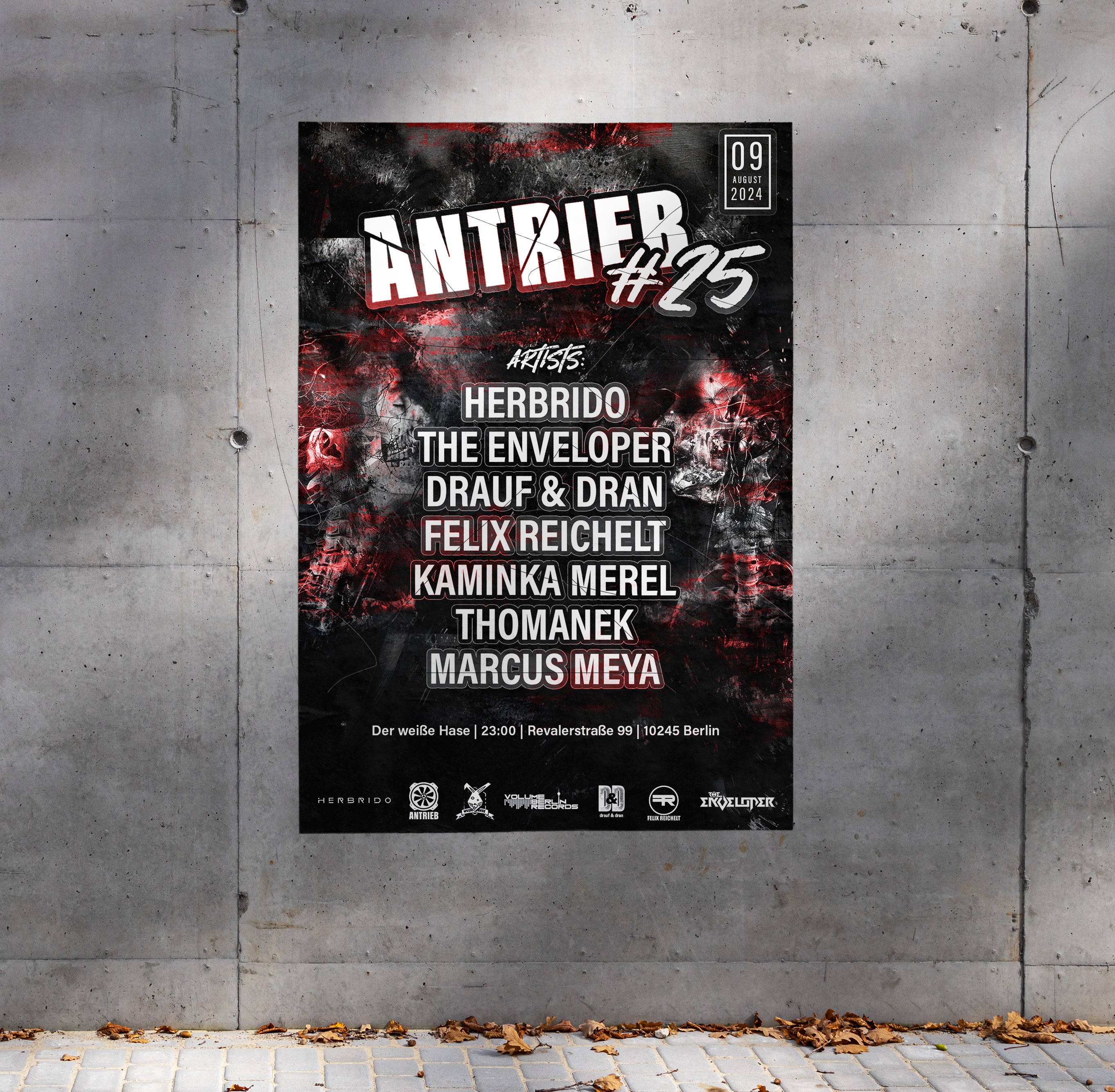 Eventplakat Antrieb #25 mit Line-up und dunklem Typografie-Design