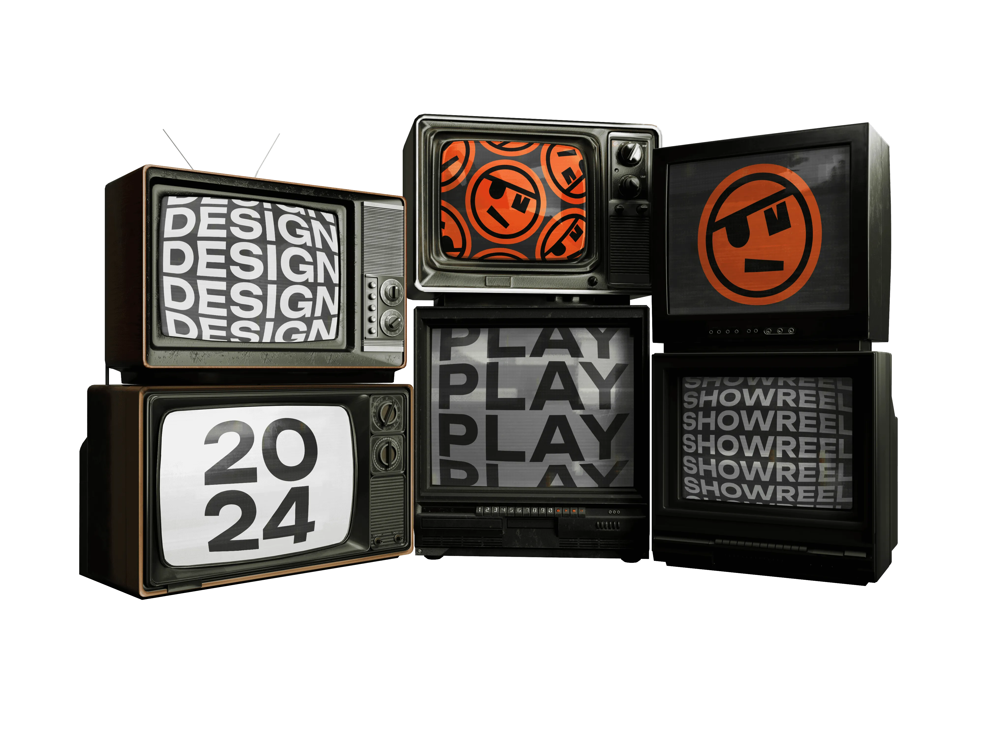 A stack of six vintage television sets against an orange background, displaying "2024," repeating text for "DESIGN," "PLAY," and "SHOWREEL," and pirate-themed icons.