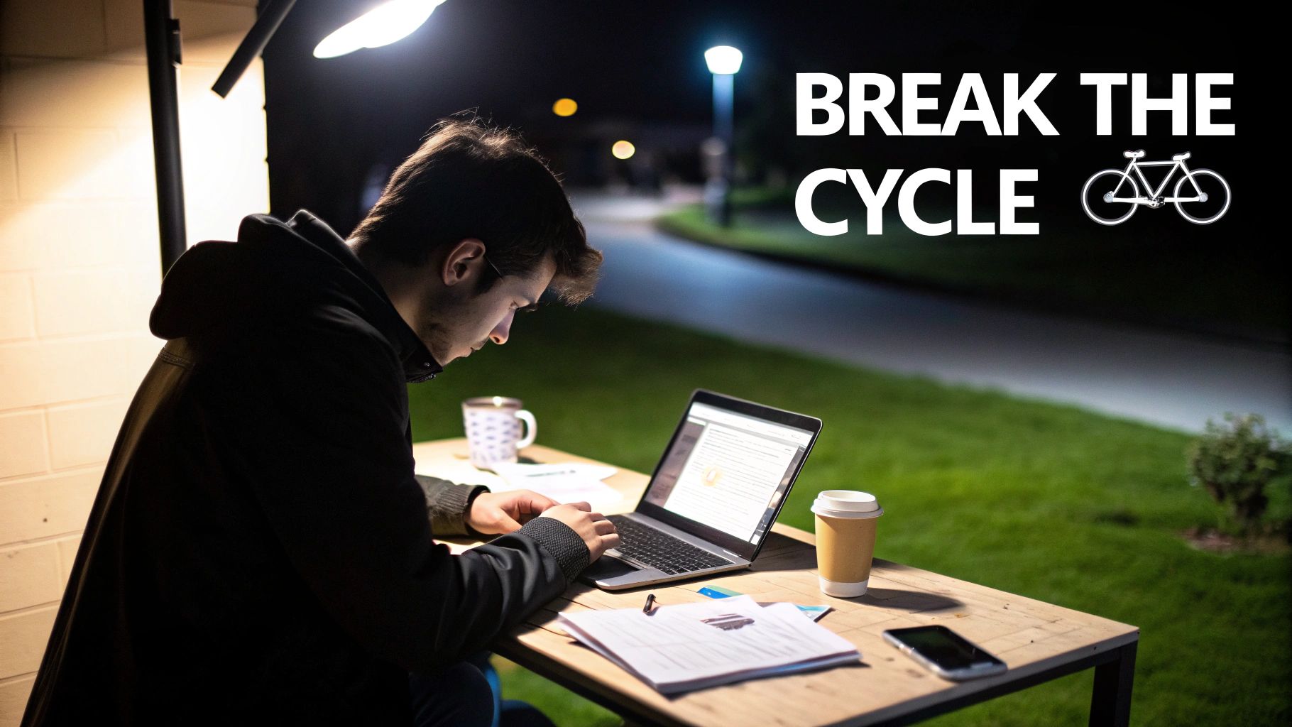 A person works on a laptop at a table outdoors at night, with 'BREAK THE CYCLE' text and a bicycle icon.