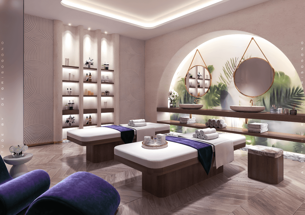 Spa room at Damac Altitude: Two massage beds, large mirror, serene relaxation.