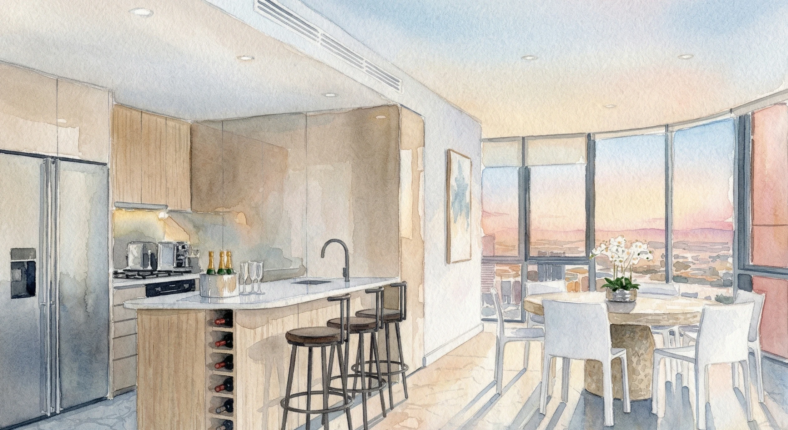 Watercolor painting of a modern open-plan apartment kitchen and dining area in Sydney with city views at sunset.