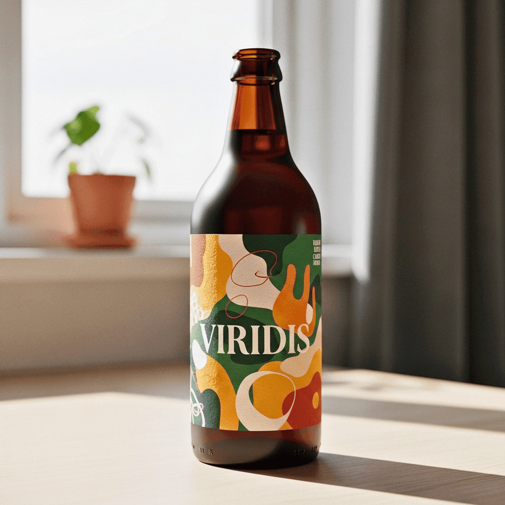 Diseño de empaque y etiqueta para botella de bebida de la marca Viridis, con un patrón abstracto de formas orgánicas en tonos tierra y verde.