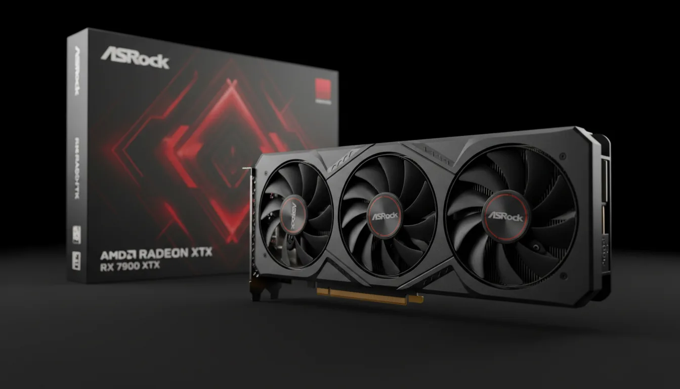 DSLR product photography of an ASRock Phantom Gaming AMD Radeon RX 7900 XTX graphics card with its retail box, set against a clean, pure black studio background. Soft studio lighting highlights the matte black metal and plastic textures of the GPU's triple-fan shroud. The graphics card is in the foreground at a three-quarters angle with sharp focus, while its retail packaging is positioned in the background to the left with a shallow depth of field.